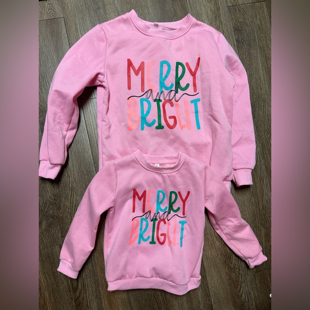 Kids Pink "Merry and Bright" Mother Medium and Daughter 6T Sweatshirt - Holiday
